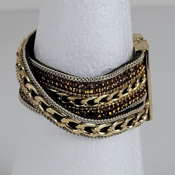Gold-Tone Multi Chain Charm Leather Cuff Bracelet 7 In Magnetic Clasp - Picture 3 of 13